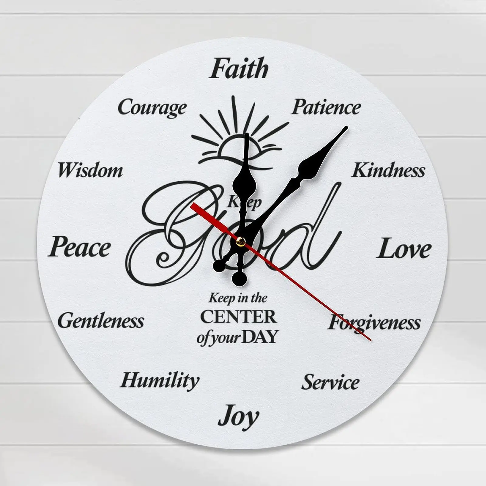 Round Matte Analog Wooden Wall Clock - 10/12in Silent Non-Rechargeable Clock with "Keep God in the Center" Quote, DIY Assembly Required Christian Inspirational Room Decor, Religious Home Gift