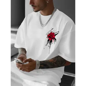 Cotton Short Sleeve  T-Shirt Men's Casual White T-Shirt with Vibrant Red Rose Print - Breathable, Stretchy Polyester, Ideal for Home & Outdoor Activities,Fashionable Round Neck Short Sleeve for Spring/Summer Graphic Tee Streetwear Graphic tees