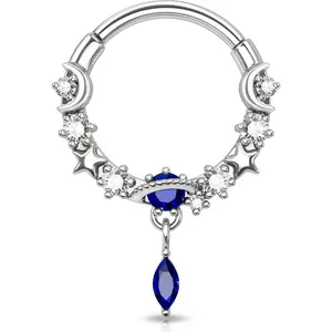 16G Septum Rings Dangle Septum Jewelry with Blue Planet Clear CZ Stainless Steel 316L Daith Piercing Jewelry Moon Septum Piercing Helix Earring for Women