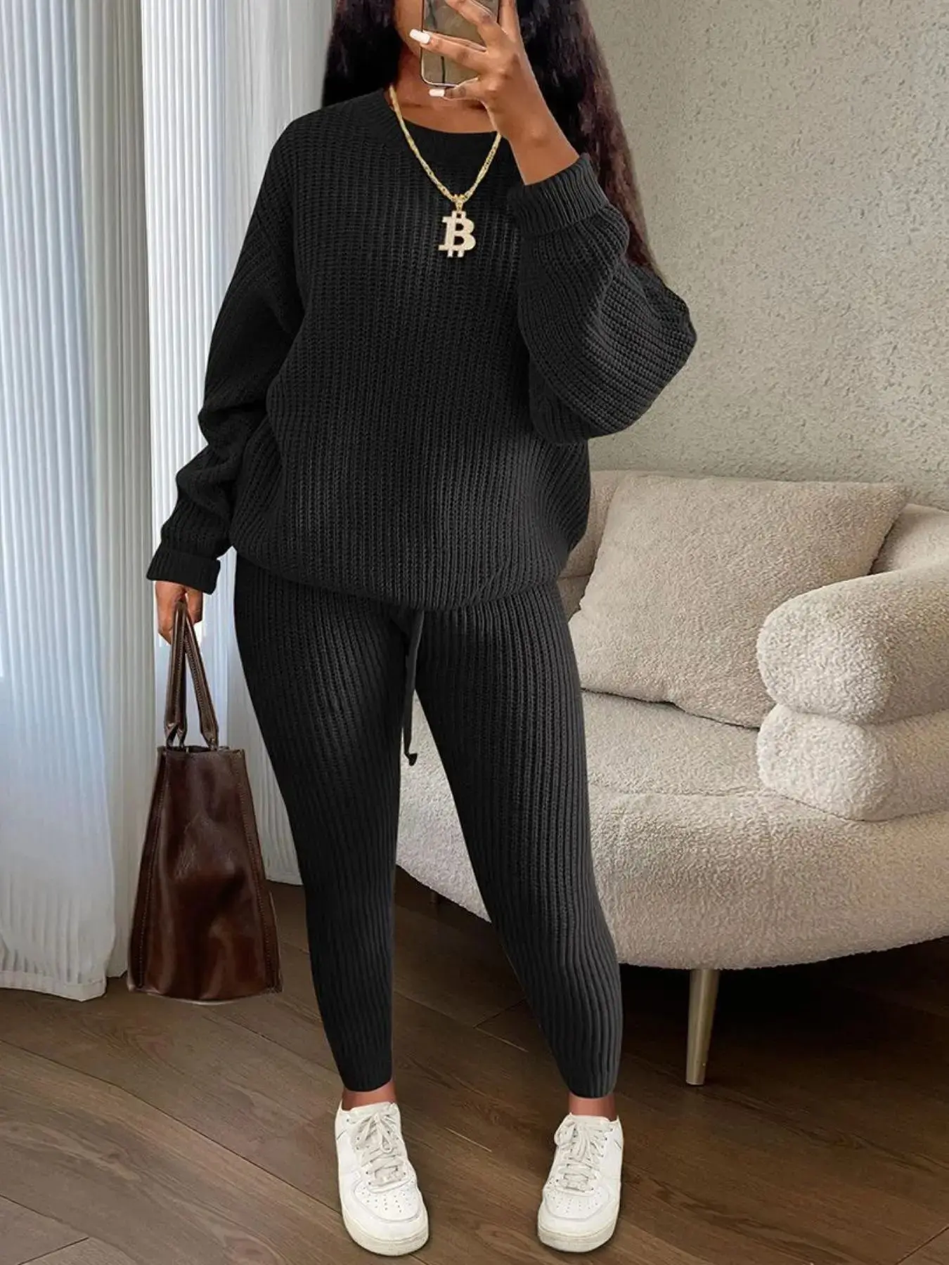 Women's Solid Round Neck Drop Shoulder Long Sleeve Baggy Sweater & Drawstring Waist Pants Knit Set, Casual Cozy Knitwear for Daily Outdoor Wear, Ladies Fall & Winter Outfits, Women's 2 Pcs Sweater Set, Clothes, Style, Womenswear