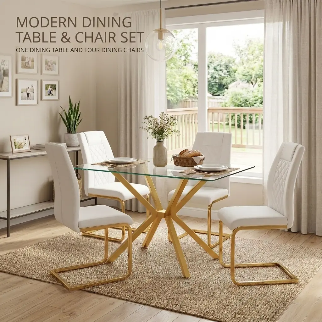 Modern 5-piece dining table and chairs set, clear tempered glass tabletop with gold metal legs, 4 high-back PU leather dining chairs, elegant kitchen dining room set, white+gold