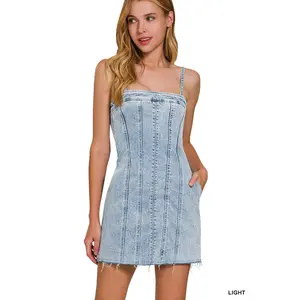 Zenana Spaghetti Strap Exposed Seam Light-Wash Dress