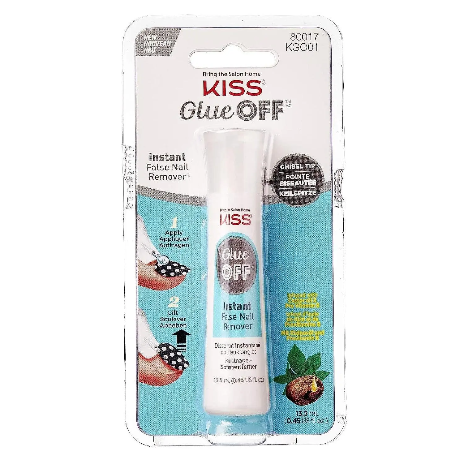 KISS Glue Off Instant False Nail Remover, Effective Liquid with Luxurious Castor Oil Blend, Chisel Tip Applicator for Manicure Nail Products, 0.45 oz, Gentle, Beauty Products, Castor Blend, Pro Vitamin B, Oil-Based Solution, Nail Care, Fake Nails Debonder