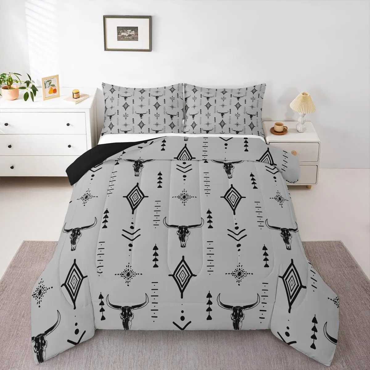 Feelyou Bull Skull Microfiber Bedding Set - Western Decorative Comforter Set for Adults, Bohemian Ethnic Cow Head Duvet Quilt, Geometric Aesthetic Art Comforter, Decorative Bedding Set