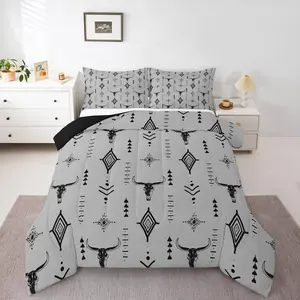 Feelyou Bull Skull Microfiber Bedding Set - Western Decorative Comforter Set for Adults, Bohemian Ethnic Cow Head Duvet Quilt, Geometric Aesthetic Art Comforter, Decorative Bedding Set
