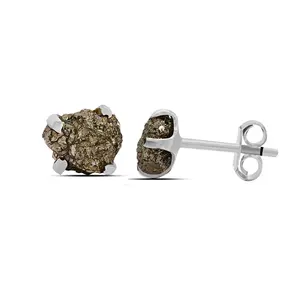 Pyrite Raw Natural Earrings in Prong Stud Setting - Sterling Silver