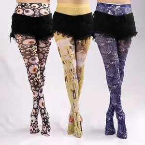Versatile vintage print thin cross-border European and American style women’s pantyhose for spring and autumn, anti-hook silk stockings