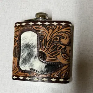 Boot Accent Hip Flask Tooled Leather and Cowhide