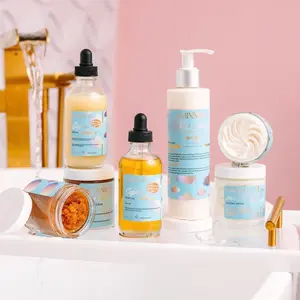 6pc Sensitive Skin Care Collection Set with Coconut Oil Body Butter Sugar Scrub Cleanser Serum Oil & Lotion for Daily Moisturizing Hydrating & Exfoliating