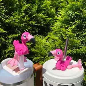 Pink Flamingo Tropical Vibes Cute Straw Toppers and Charms for Stanley Tumbers & 9.5mm Straws with Durable PLA Design - Stylish, Beverage