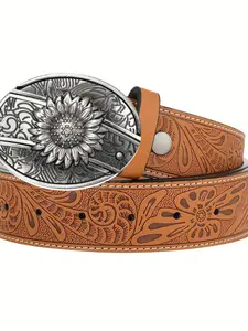 Men's Multifunctional Carved Floral Waist Belt, Fashion Accessory, Geometric Pattern, Casual Style, All Seasons, Western Concho Belts