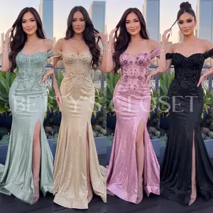 Ava Glitter off the Shoulder Embroidered Sequin Gown