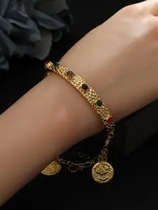 Colorful Gemstone Embedded Gold Coin Cuff Bracelet, Retro Style Vintage Jewelry, Striped Pattern, Titanium Alloy, All Seasons Accessory