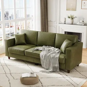 Garvee 85 Inches 3-Seater Sofa Couch with 2 Throw Pillows, Faux Leather Couch with Wide Armrests , Wood Legs, Deep Seats, Back Cushion, Sturdy Support Feet, Sofa Couches for Living Room, Office, Olive Green