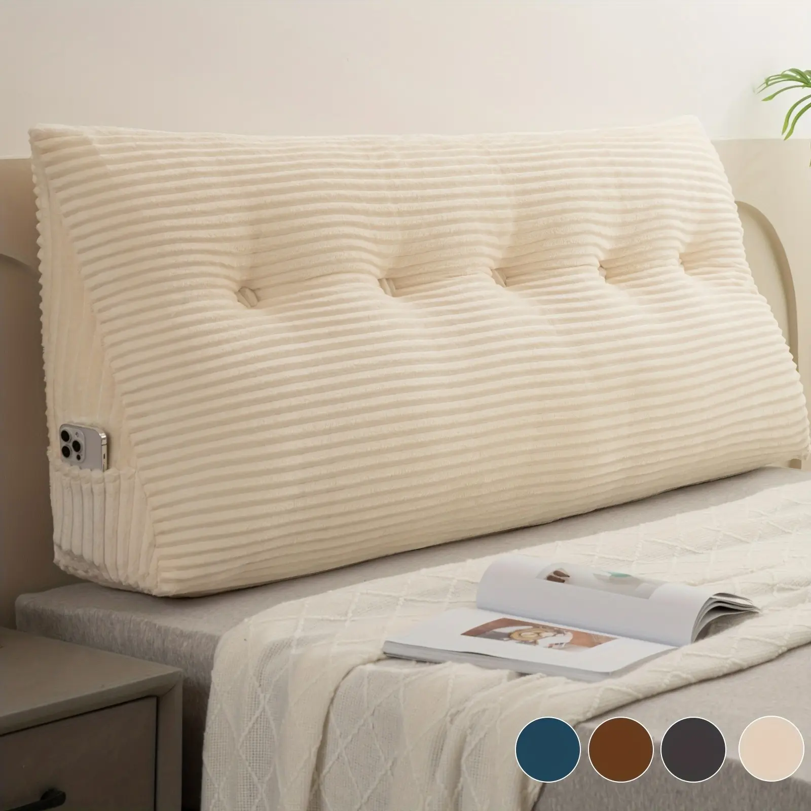 Triangular Wedge Headboard Pillow with Side Pockets, Bed Rest Reading Bolster Pillow for Sitting In Bed, Soft And Supportive Velvet Backrest Positioning Support Long Pillow with Removable Cover for Twin/Queen/King Bed