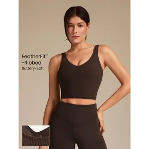 GLOWMODE FeatherFit-Ribbed Fresh Start Buttery-Soft Stretchy Bonding Flattering Seam Crop Tank Top Bra Low Impact Yoga Studio Gym Daily Casual Wear Removable Cups