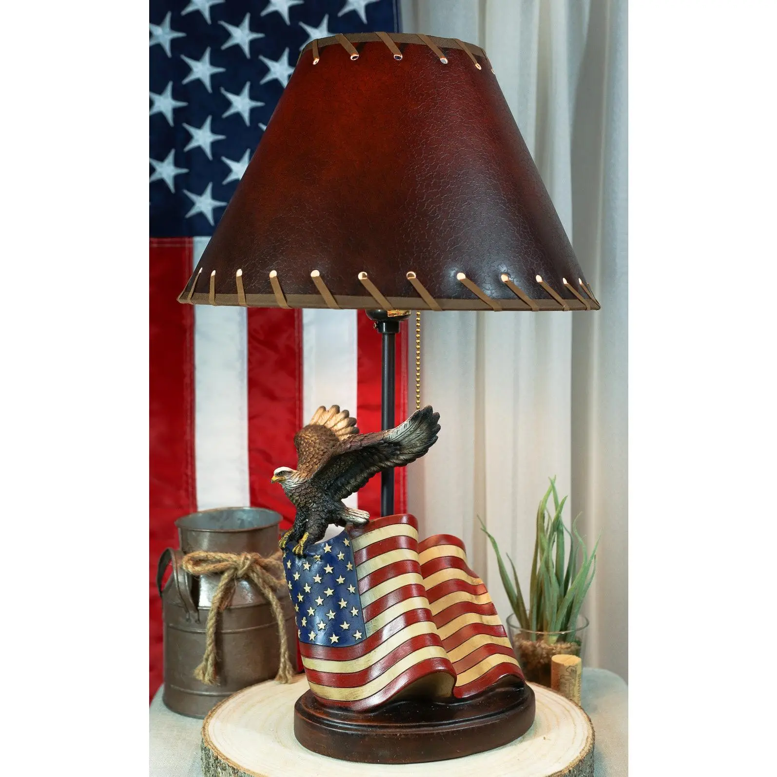 Soaring Bald Eagle With American Flag Memorial Table Lamp Figurine 19" Tall