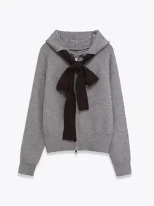 Women's Fitted Hooded Long Sleeve Colorblock Bow Front Zipper Closure Ribbed Knit Sweatshirt, Casual Fashion Pullover for Fall & Winter