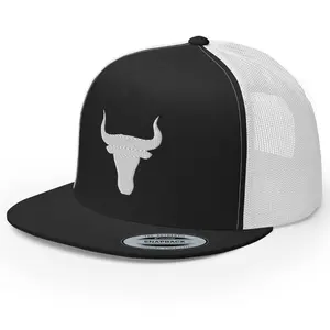 RIVEMUG NX Bull Head Rodeo Embroidered Flat Bill Trucker Hat High Crown Snapback Western Country Cowboy Cowgirl Hat