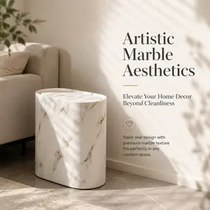 Marble Pattern Bathroom Trash Can with Lid, Slim Oval Design Odor-Resistant Waste Bin, Stylish Garbage Holder for Toilet & Bedroom, Trash Bins