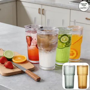 4PCS Ribbed Glass Cups with Lids and Straws, 20oz Vintage Drinking Glasses, Aesthetic Iced Coffee Cups, Glass Tumbler for Boba, Beer, Tea, Cocktails, Ribbed Glassware Set,Clear