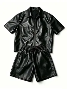 American High Street Glossy Zipper Short Sleeve Set, Comfortable Loose Collar Shirt and Shorts Two-Piece, Must-Have for Trendsetters