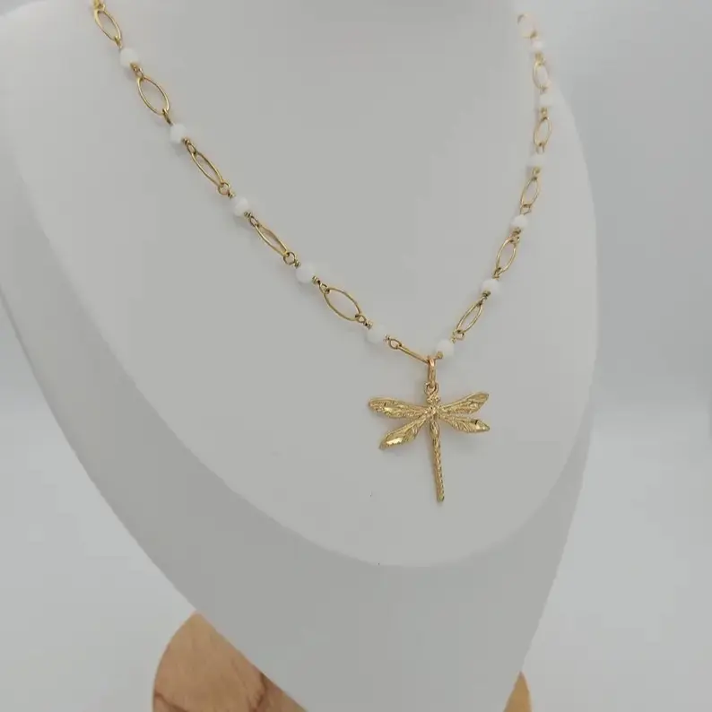 Gold Dragonfly Necklace 14k Plated Gold 4mm Whiter Beaded Chain with Elegant Design