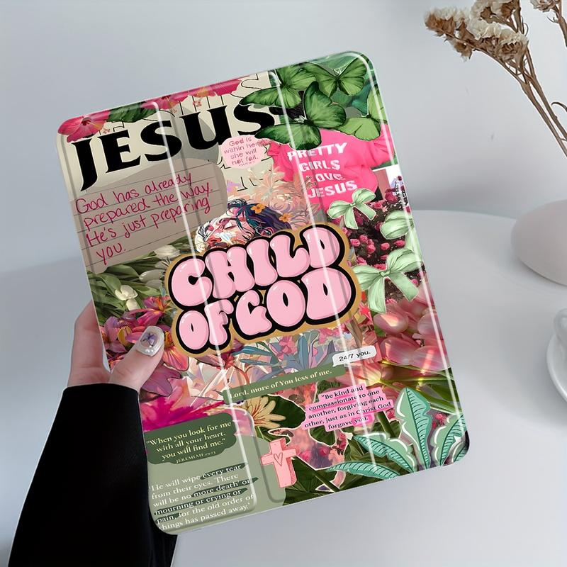 "Child of God" Floral Collage Design iPad Case, Transparent Acrylic Stand Cover, Pencil Holder & Charger Slot, Fits iPad Pro/air/mini, Perfect Gift Shock-resistant Full Cover Protective Case Suitable for Offices Schools and Homes
