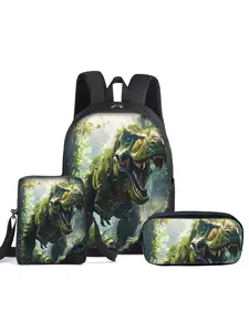 Dinosaur pattern printed 16-inch backpack three-piece set (single-layer backpack + small shoulder bag + single-layer pencil bag)