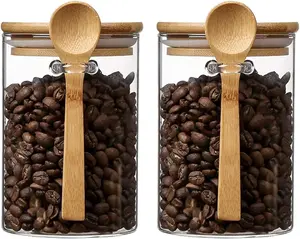 Airtight Food Storage Containers 3.4"L x 3.4"W x 5"H with Bamboo Lids and Spoon for Coffee Beans, Flour, Cookie, Sugar, Tea, Nuts and Spice Bath salt and more(2 Pack)