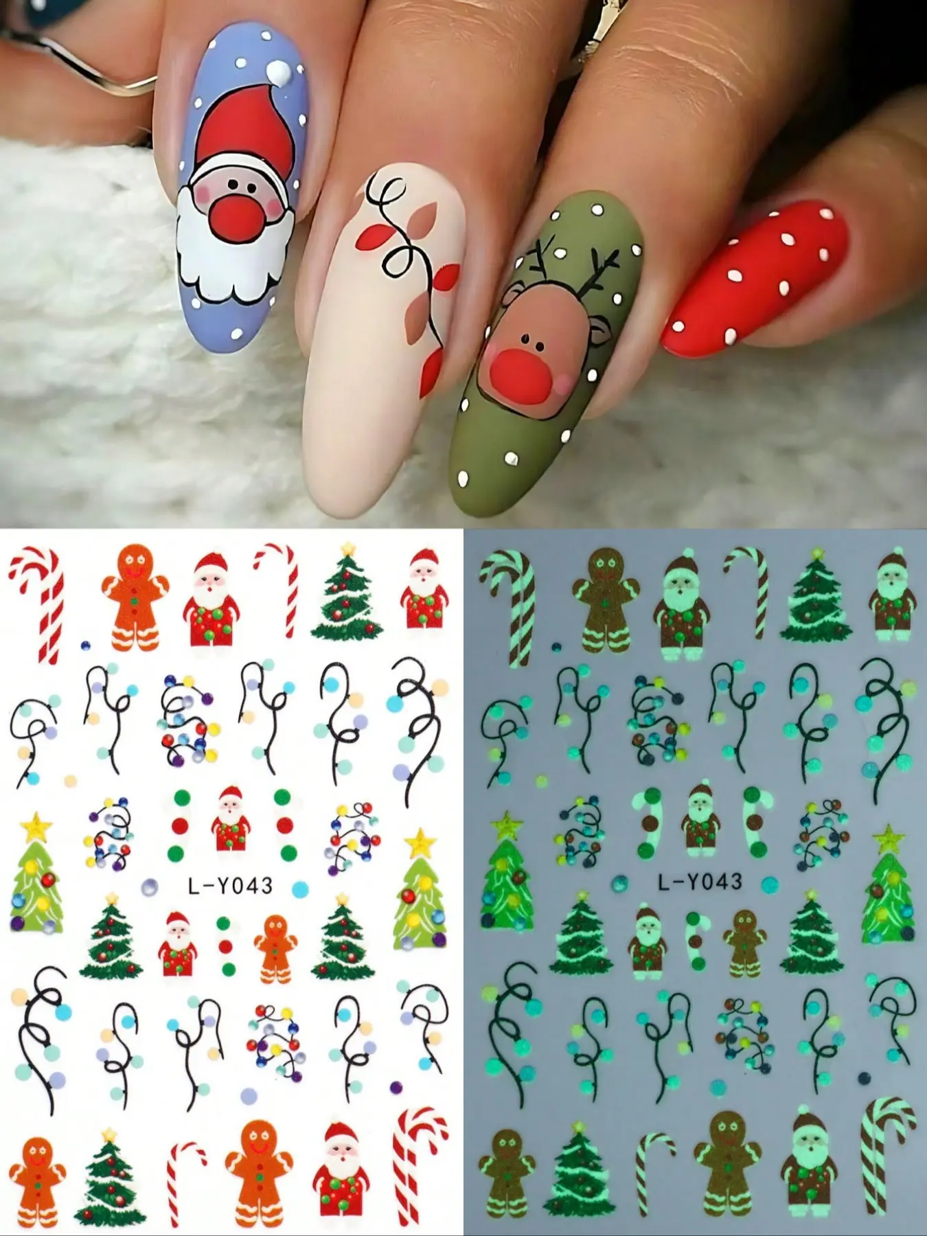 2pcs Cartoon Luminous Christmas Nail Art Stickers, Santa Claus, Christmas Tree, Gingerbread Man, Light Bulbs, Colorful Winter Nail Supplies