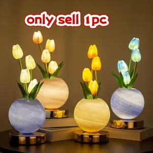 Tulip LED Planet Ornament, Tulip Night Light, Bedroom Bedside Ambiance Lamp, Realistic Flower Bouquet Decorative Table Lamp, Led Ambient Lighting