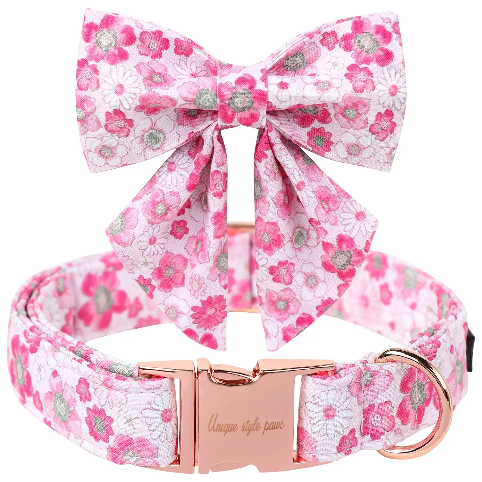 Unique Style Paws Cotton Summer Dog Collar with Bowtie/Flower,Flower Pink Dog Collars Adjustable&Breathable Pets Collar for Party,Birthday,Wedding Mat