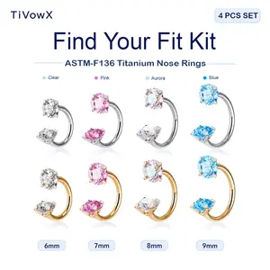 TiVowX Find Your Fit Kit | 4PCS ASTM F136 Titanium Horseshoe Nose Rings | 18G/20G, 6-9mm | Internally Threaded CZ Gems, Tools Included