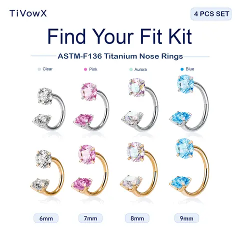 TiVowX Find Your Fit Kit - 4pcs Set ASTM F136 Titanium Horseshoe Nose Rings Hoops, 18G/20G, 6mm/7mm/8mm/9mm, Internally Threaded CZ Gems, Included Tools, Body Piercing Jewelry
