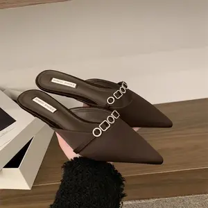 High-End French Style Closed-Toe Women'S Sandals |   2025 Spring Summer New Fashion Slip-On Low Heel Half Slippers Women Outdoor Wear, Solid Color, Casual Style, Fabric Upper, Flax Inner, EVA Insole, Rubber Sole, Women Shoes