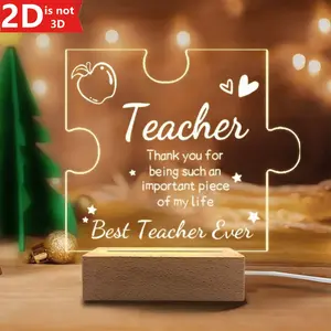 1 Count 2D Flat Acrylic Night Light, USB Powered, Wooden Base, Irregular Shape Decor for Teacher Gift, Desk, Table, Home, Party Use