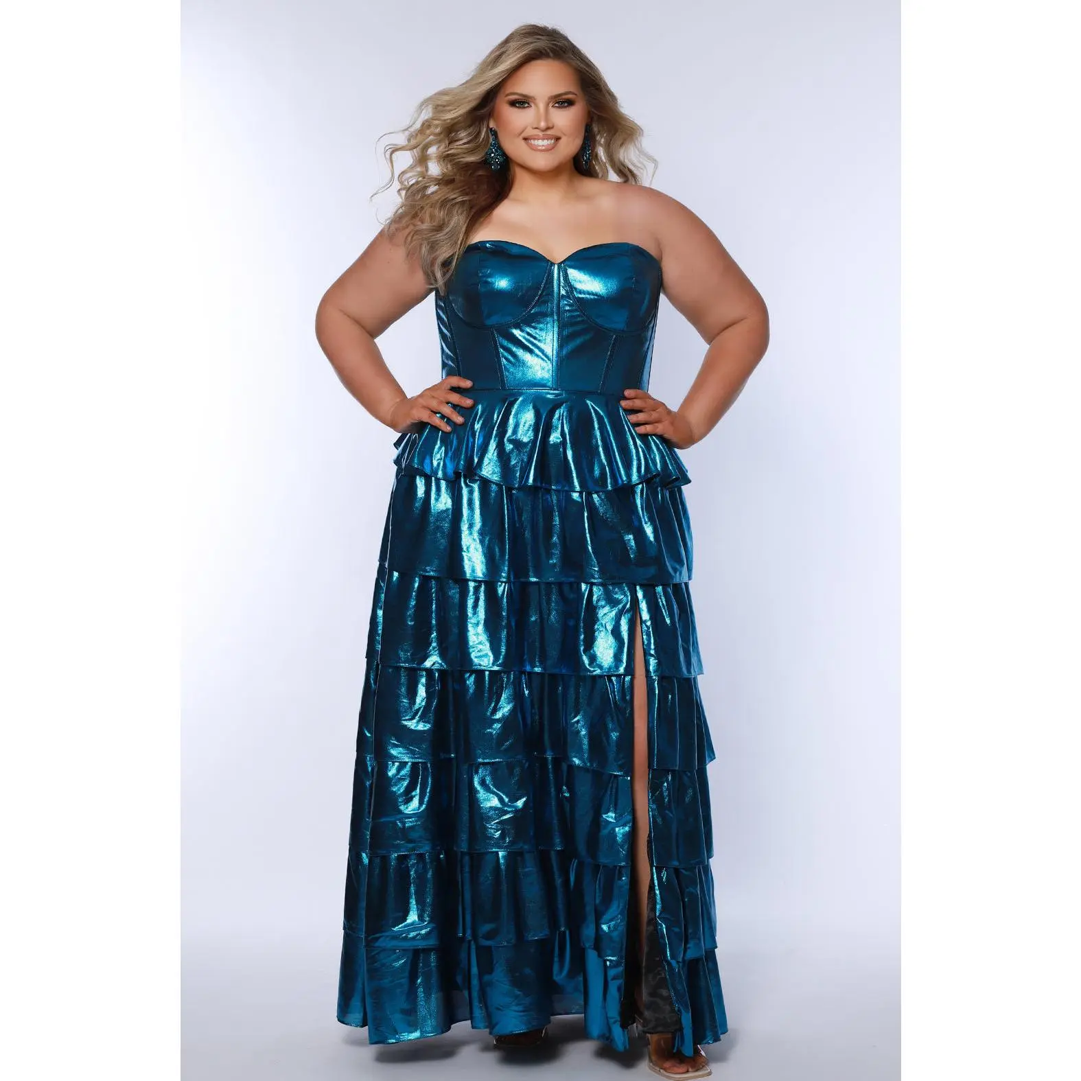 The Beat Goes On Plus Size Turquoise Blue Metallic Tiered Formal Dress