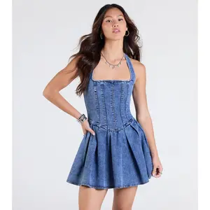 Darling Charm Halter Pleated Denim Skater Dress