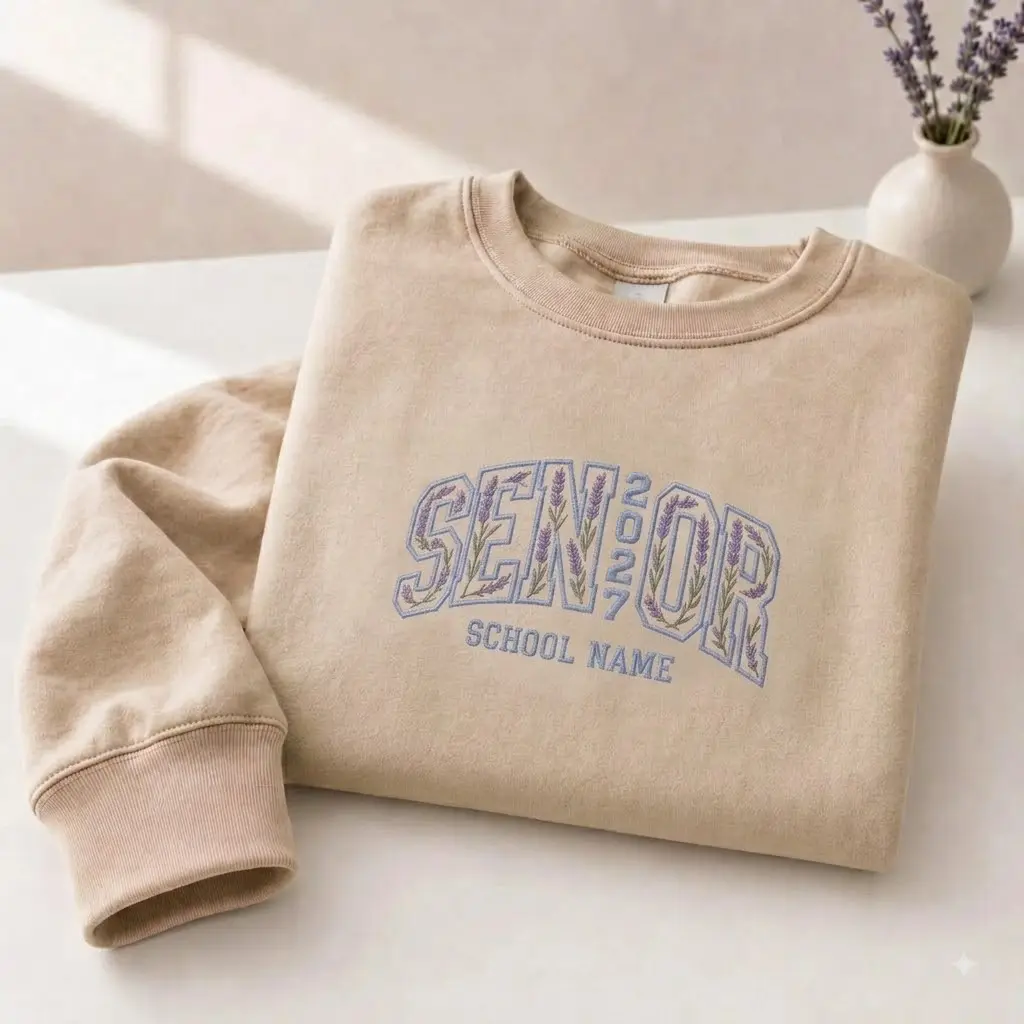 (MAKE IN US) Custom Senior 2027 Sweatshirt, Embroidered Lavender Floral Senior Crewneck, Personalized Graduation Sweater, Senior Year School Name Gift