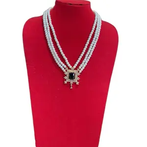 Traditional Nepali 3-Layer Moti Mala Necklace, Pearl Chain Jewelry for Women with a Green Gemstone Pendant and Shiny Finish, Chain Jewelry Necklaces