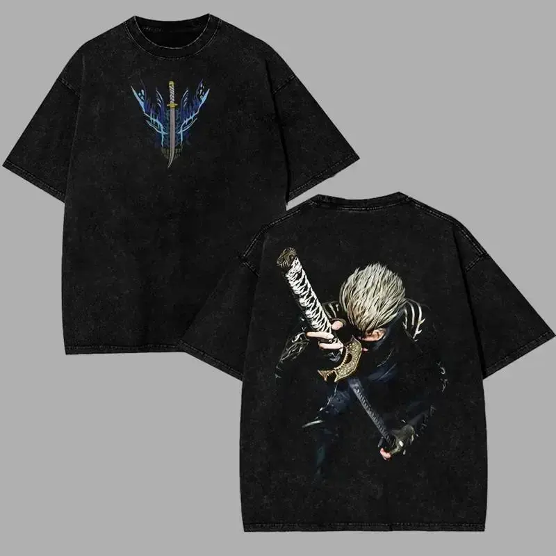 Dante Vintage Wash Tee, Devil May Cry T-shirt, Retro Y2K Video Game T-Shirt Kove Clothing, Men's Vintage Short-Sleeve Cotton Casual T-Shirts - Distressed Devil May Cry Vergil Figure Graphic, Sports-Inspired Streetwear Menswear Top