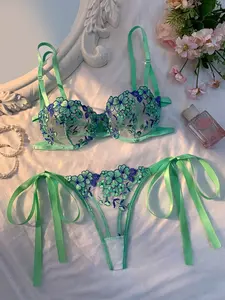 2pcs/Set Sky Blu Women Embroidered Bra And Panty Set Sky Blue Mesh Lingerie Two Piece Intimate Underwear Collection For Everyday Weare Embroidered Strap Ladies Sexy Lingerie Set