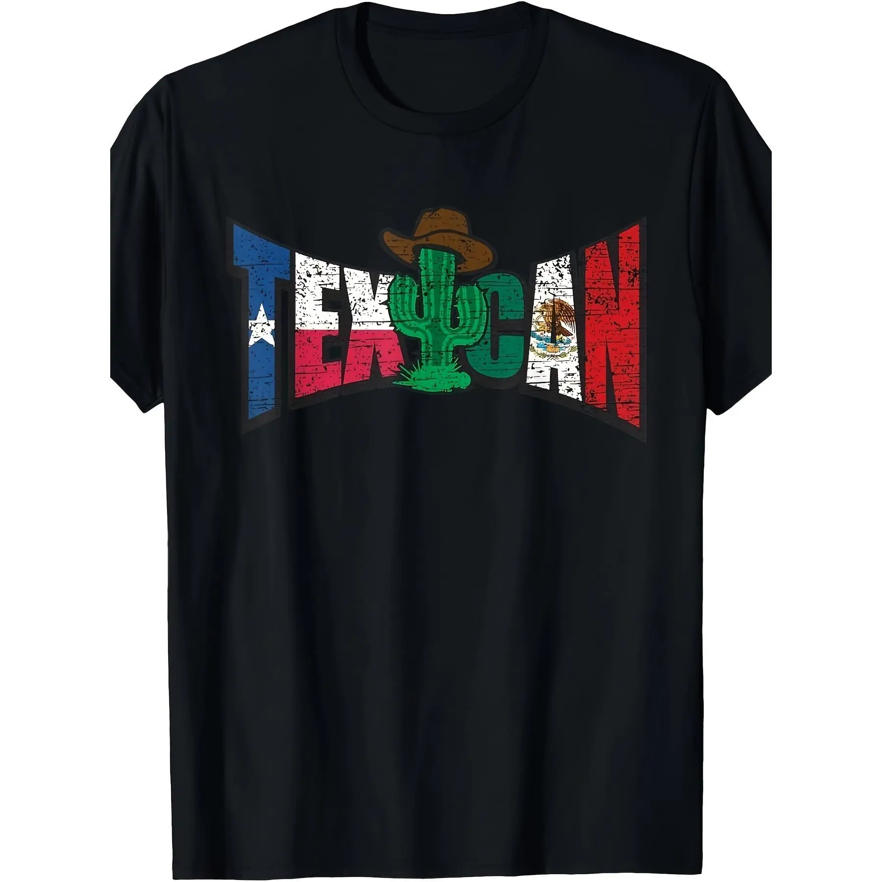 Texican Distressed Texas And Mexico Flag Letters Cactus Men's 100% Cotton Short Sleeve Print Crew Neck Graphic Print T-Shirt,Made in USA