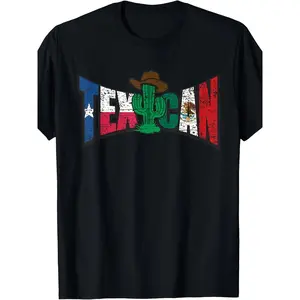 Texican Distressed Texas And Mexico Flag Letters Cactus Men's 100% Cotton Short Sleeve Print Crew Neck Graphic Print T-Shirt,Made in USA