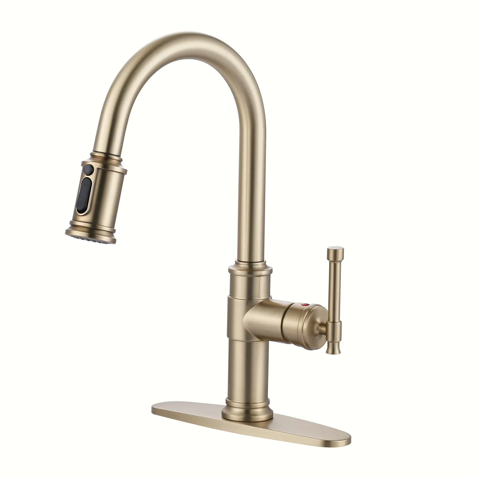 WOWOW Brushed Gold Single Handle Pull-Down Pull-Out Sprayer Kitchen Faucet, 3-Mode Sprayer, Stainless Steel Deckplate, Pull Out Faucet