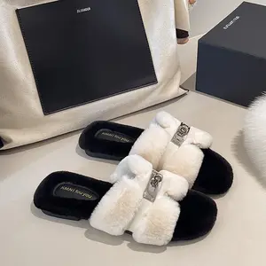 Fuzzy Slides for Women 2026 Black & White Contrast Faux Fur Slip-On Flats Classic Metal Double-C Buckle Cozy Indoor Outdoor Daily Slippers