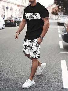 Men's 3D palm tree print casual, stylish, Classic, Breathable, Fitted and Tropical two-piece set, featuring a summer sporty crew neck short-sleeved top and drawstring shorts, suitable for outdoor and everyday street wear.