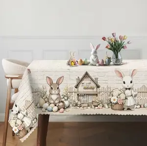 Spring floral tablecloth with rabbit and Easter egg decorations, in a rustic farmhouse style. Made of polyester, suitable for kitchen and dining rooms, outdoor picnics, holiday parties, and dinner decorations. Floral tablecloth,  Disposable Christmas