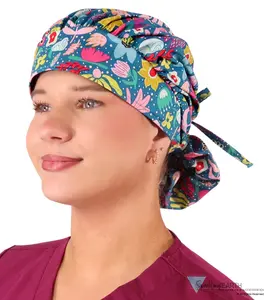 Stylish Banded Bouffant Ponytail Scrub Cap - Floating Flowers